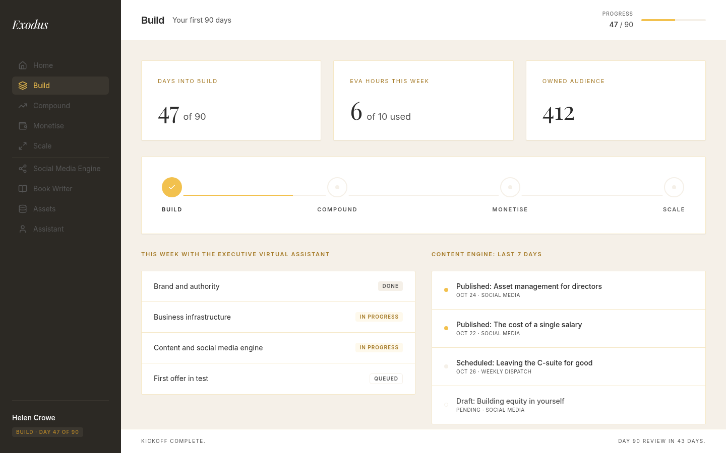 Exodus dashboard during the 90 day Build